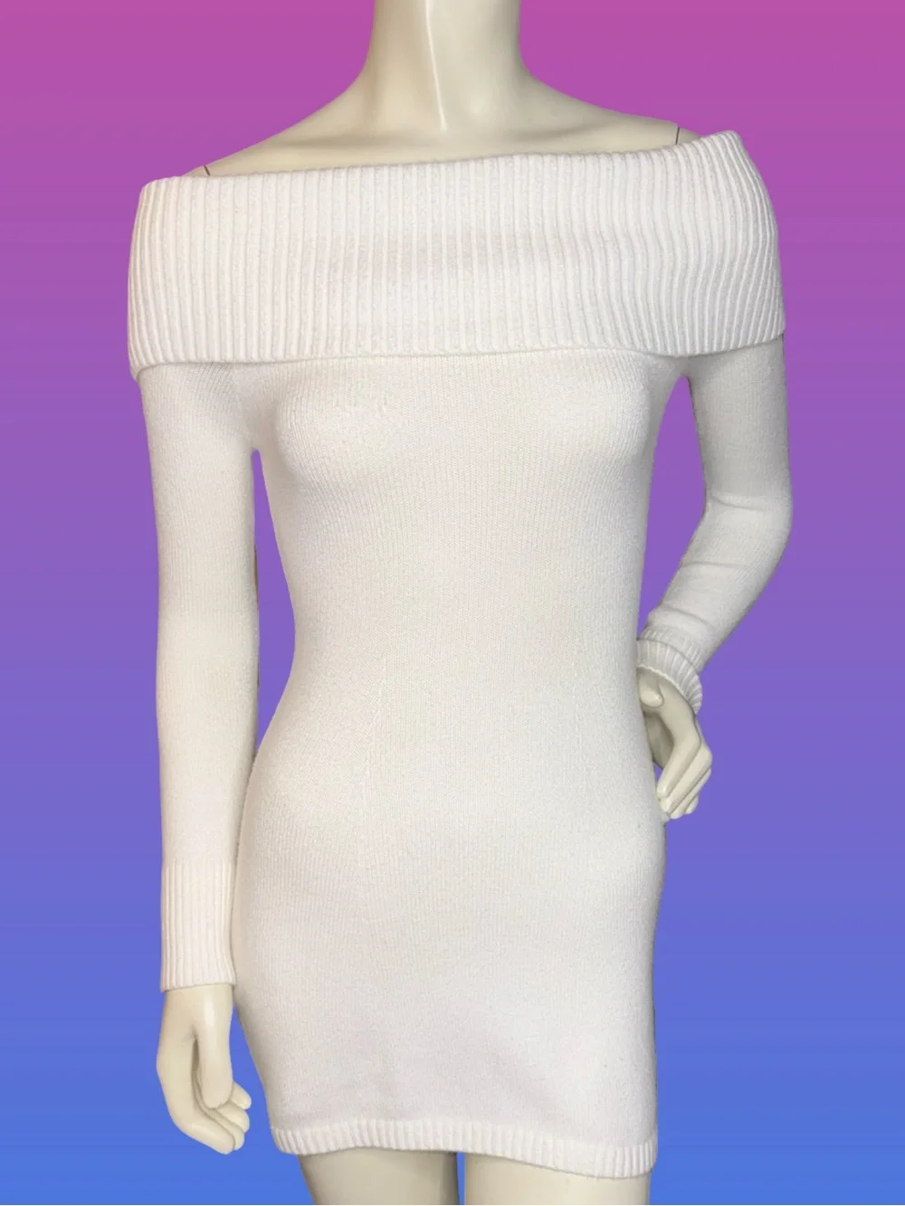 Hollister Off-Shoulder White Ribbed Sweater Mini Dress